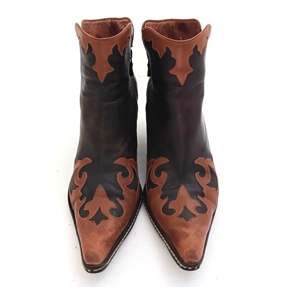 Donald Pliner Western Ankle Boot 2 Tone Brown Leather Point Toe Block Heel Sz 7 - Picture 2 of 12